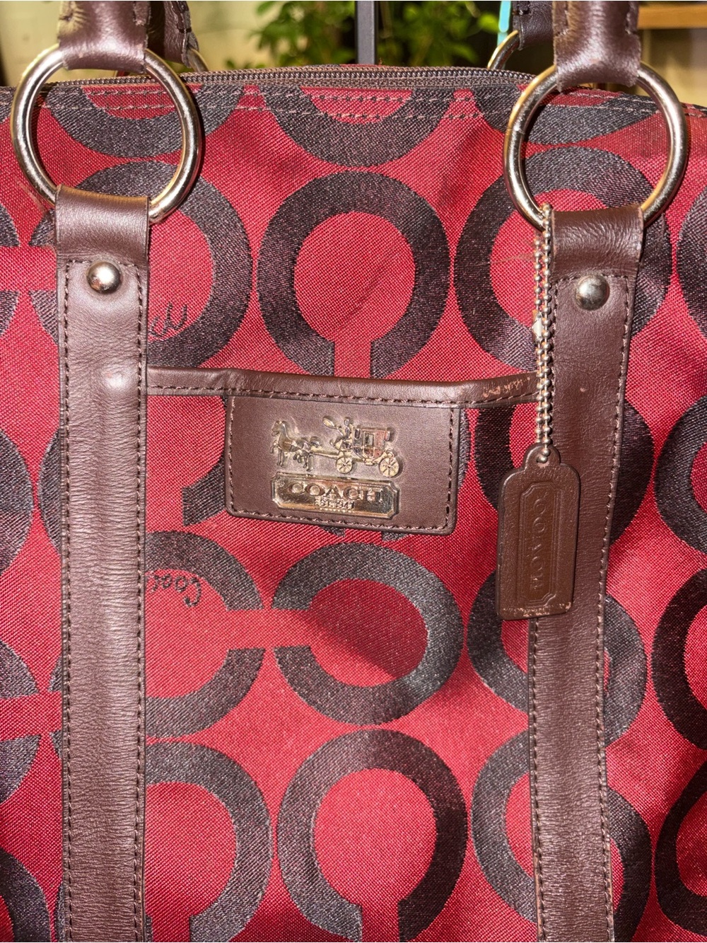 Coach Op Art Weekender Duffel Travel Bag Red Burgundy Brown Canvas F20124 - Picture 2 of 9